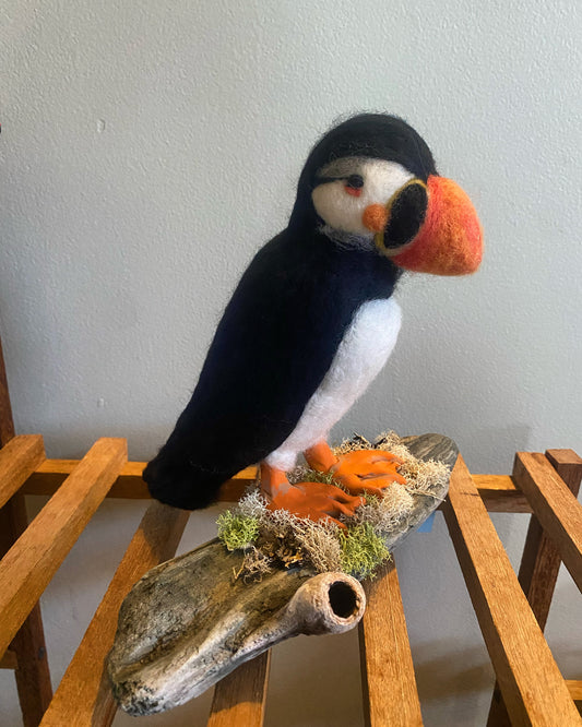 Felted Puffin on Driftwood