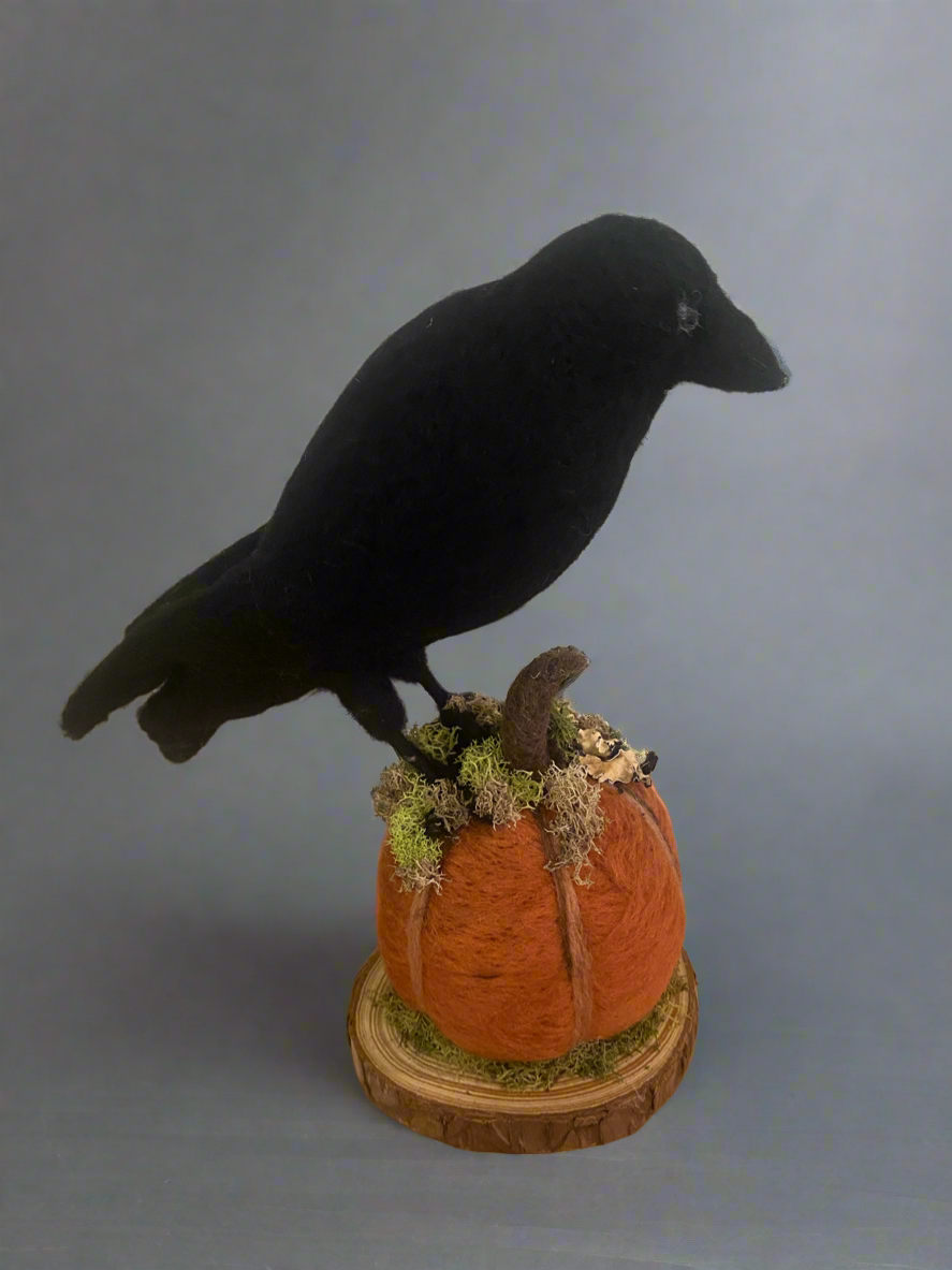 Felted Raven on Mossy Pumpkin