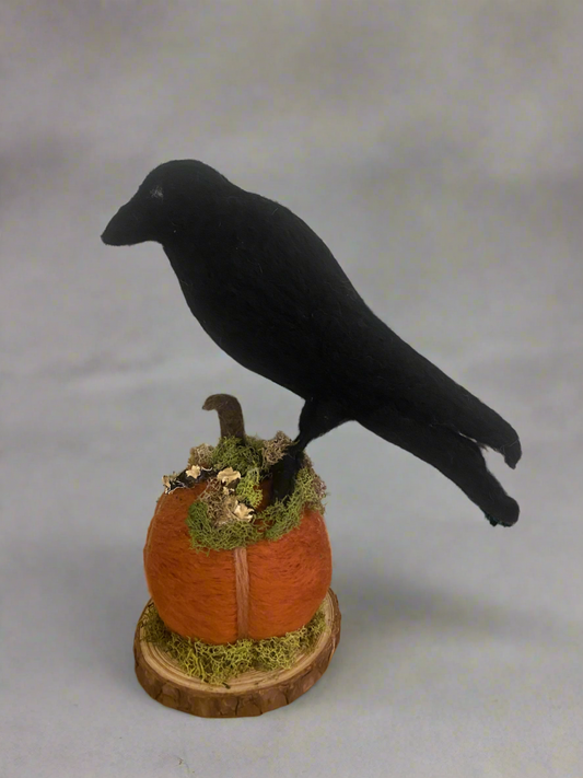 Felted Raven on Mossy Pumpkin